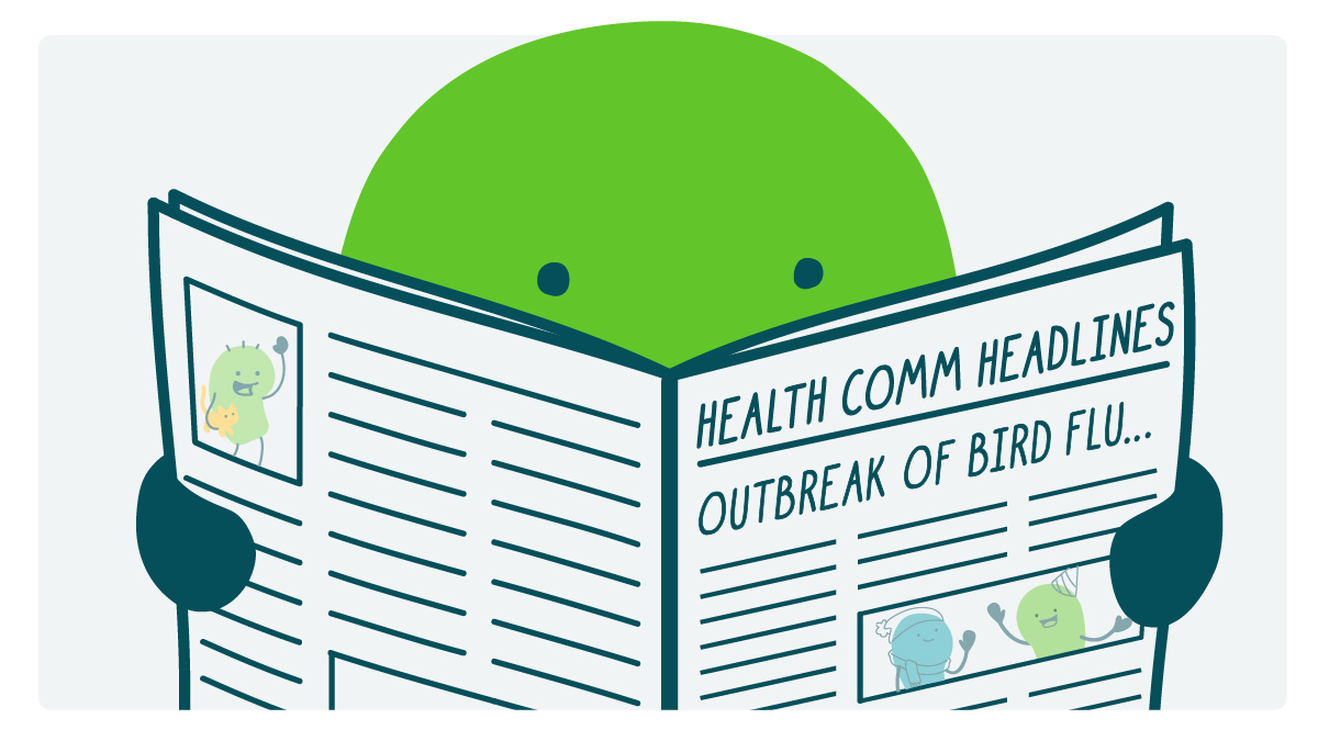 A doodle is reading a newspaper with the headline Outbreak of Bird Flu