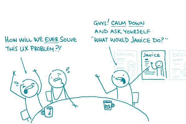 2 distraught doodles sit at a table saying "how will we ever solve this UX problem?!" while a 3rd points to a persona and says "Guys! Calm down and ask yourself: what would Janice do?"